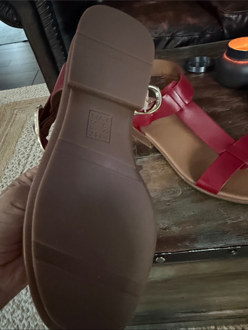 Brandy Leather Big Buckle Hardware T-Strap Ankle Wrap Sandals - Picture 5 of 5